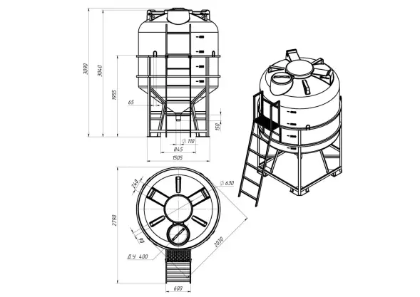 Емкость ЦКТ 5000 л с патрубком 160мм с фланцем белая в обрешетке с лестницей