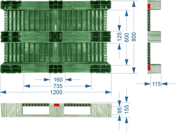 Паллет (поддон) пластиковый сплошной усиленный на 3-х полозьях, 1200x800х150 мм, зеленый [1200800150-00]