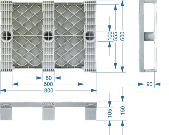 Паллет (поддон) пластиковый сплошной на 3-х полозьях, 800x600х150 мм, черный [TR 680]
