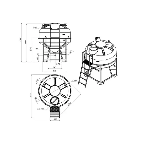 Емкость ЦКТ 3000 л с патрубком 160мм белая в обрешетке с лестницей